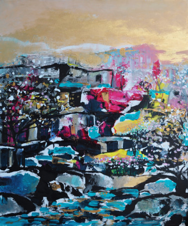 Malerei mit dem Titel "Maisons sur la Coli…" von Dibasar, Original-Kunstwerk, Acryl