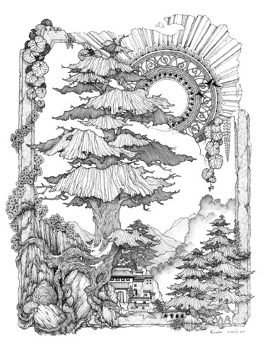 Zeichnungen mit dem Titel "Le cèdre du Tibet" von Didier Fleurantin, Original-Kunstwerk, Tinte
