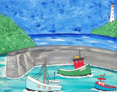 Painting titled "Tableau naif Port d…" by Didier Dordeins, Original Artwork, Acrylic Mounted on Wood Stretcher frame