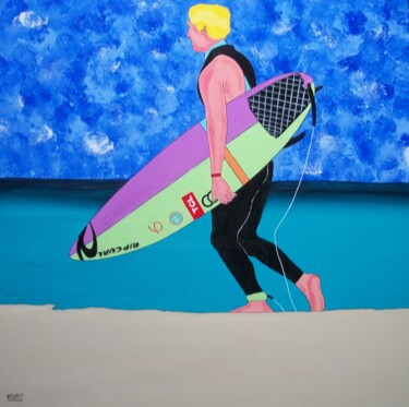 Pintura intitulada "Tableau naif Surfeur" por Didier Dordeins, Obras de arte originais, Acrílico
