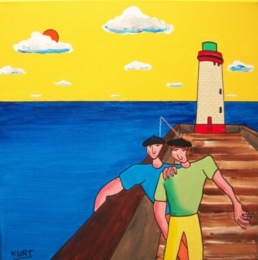 Painting titled "Tableau naif Pêcheu…" by Didier Dordeins, Original Artwork, Acrylic Mounted on Wood Stretcher frame