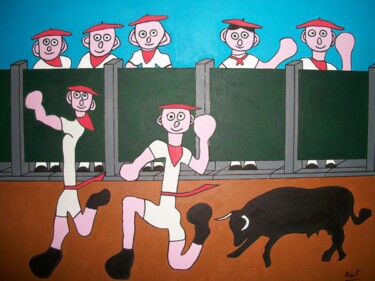 Peinture intitulée "course de vache" par Didier Dordeins, Œuvre d'art originale