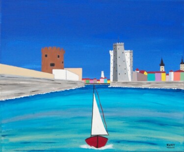 Peinture intitulée "Tableau Naif Port d…" par Didier Dordeins, Œuvre d'art originale, Acrylique Monté sur Châssis en bois