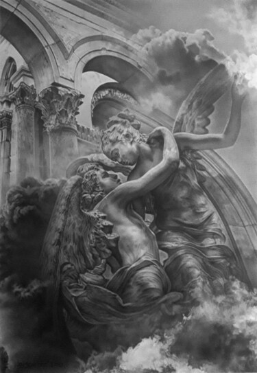 Drawing titled "Eros et Psyché" by Didier Merceret, Original Artwork, Pencil Mounted on Glass