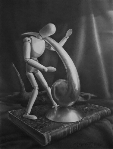 Tekening getiteld "Le trophée" door Didier Merceret, Origineel Kunstwerk, Potlood Gemonteerd op Andere stijve panelen