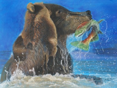 Drawing titled "pêche au saumon" by Didier Piron, Original Artwork, Pastel