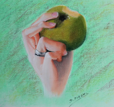 Drawing titled "Croquer la pomme" by Didier Piron, Original Artwork, Chalk