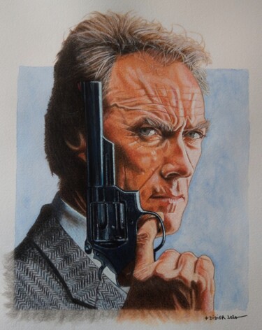Painting titled "Clint Eastwood - Ha…" by Didier Plouviez, Original Artwork, Watercolor