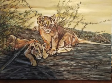 Painting titled "Petits lionceaux" by Katy Didier, Original Artwork, Oil
