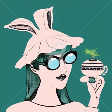 Цифровое искусство под названием "Woman Rabbit Hat" - Didi Le Lapin, Подлинное произведение искусства, Цифровая живопись