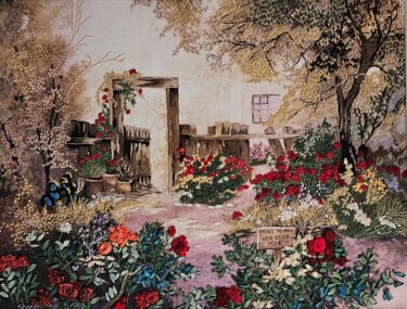 Textile Art titled "Giardino Fiorito" by Didy, Original Artwork, Embroidery Mounted on Other rigid panel
