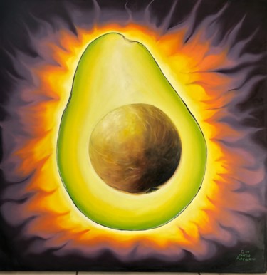 Painting titled "magic avocado" by Diego Alberto Arellano Fajardo, Original Artwork, Oil Mounted on Wood Stretcher frame