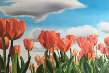 Painting titled "tulips" by Diego Alberto Arellano Fajardo, Original Artwork, Oil Mounted on Wood Stretcher frame