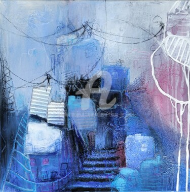 Painting titled "Village bleu Chefch…" by Diem-Thuy Le Mai, Original Artwork, Acrylic Mounted on Wood Stretcher frame