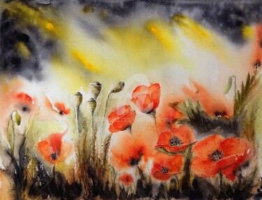 Painting titled "Coquelicots" by Diem-Thuy Le Mai, Original Artwork, Watercolor