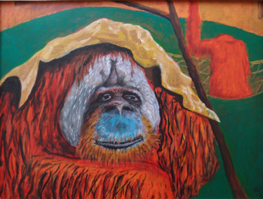 Malerei mit dem Titel "Behüteter Primat  /…" von Dietmar Egger, Original-Kunstwerk, Acryl