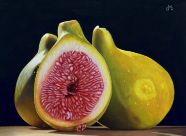 Painting titled "Three Green Figs" by Dietrich Moravec, Original Artwork, Oil Mounted on Wood Panel