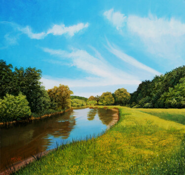 Pintura intitulada "Green Riverbank" por Dietrich Moravec, Obras de arte originais, Acrílico