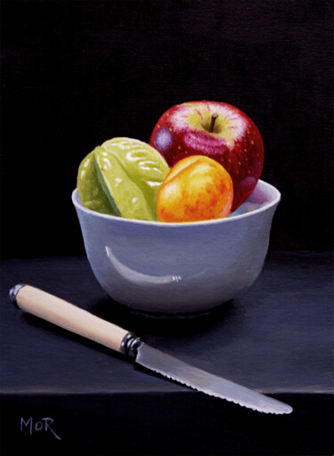 Painting titled "Fruitbowl And Knife" by Dietrich Moravec, Original Artwork, Oil