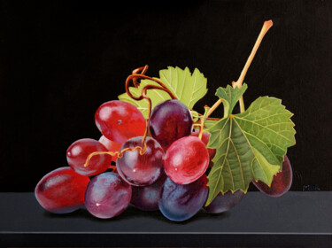 Painting titled "Red Grapes" by Dietrich Moravec, Original Artwork, Acrylic Mounted on Wood Panel