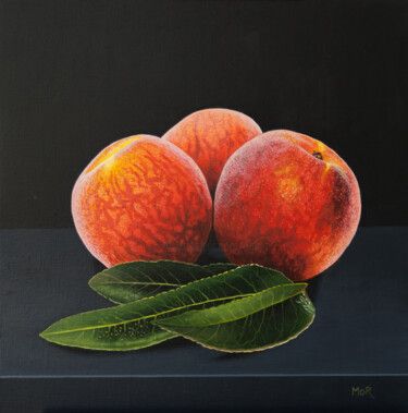 Painting titled "Peaches and Leaves" by Dietrich Moravec, Original Artwork, Acrylic Mounted on Wood Panel