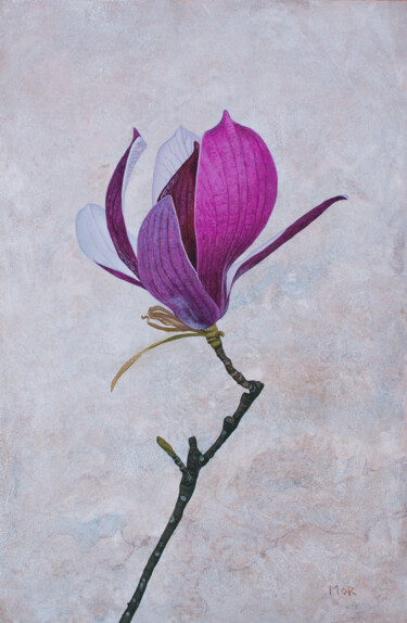 Painting titled "Magnolia Blossom" by Dietrich Moravec, Original Artwork, Acrylic Mounted on Wood Panel