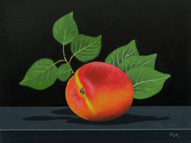 Painting titled "Peach with Greenery" by Dietrich Moravec, Original Artwork, Acrylic Mounted on Wood Panel