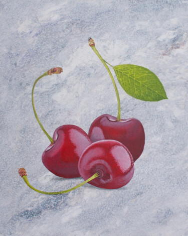 Pintura titulada "Three Cherries On F…" por Dietrich Moravec, Obra de arte original, Acrílico Montado en Panel de madera