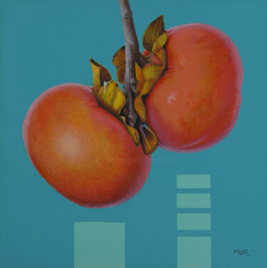 Painting titled "Persimmons Twins" by Dietrich Moravec, Original Artwork, Acrylic Mounted on Wood Panel