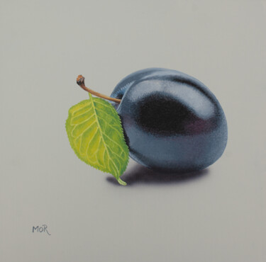 Painting titled "Plum and Leaf" by Dietrich Moravec, Original Artwork, Acrylic Mounted on Wood Panel