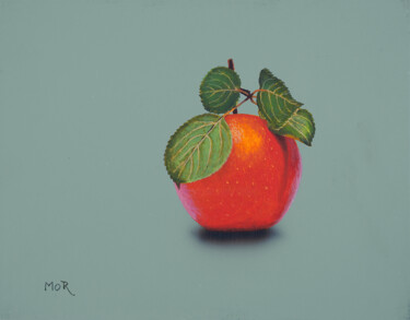 Painting titled "Apple on Grey" by Dietrich Moravec, Original Artwork, Acrylic Mounted on Wood Panel