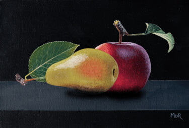 Painting titled "Pear and Apple" by Dietrich Moravec, Original Artwork, Acrylic Mounted on Wood Panel