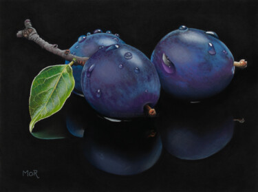 Painting titled "Plums and Leaf" by Dietrich Moravec, Original Artwork, Pastel