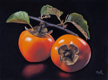 Painting titled "Two Persimmons on a…" by Dietrich Moravec, Original Artwork, Pastel