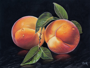 Painting titled "Peaches with Twig a…" by Dietrich Moravec, Original Artwork, Pastel