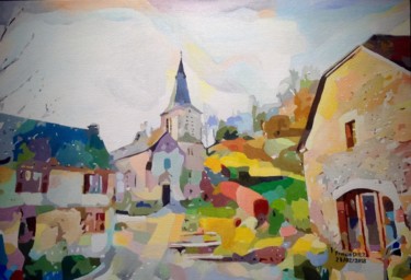 Painting titled "« L’église  de Belc…" by Francis Diez, Original Artwork, Oil Mounted on Cardboard