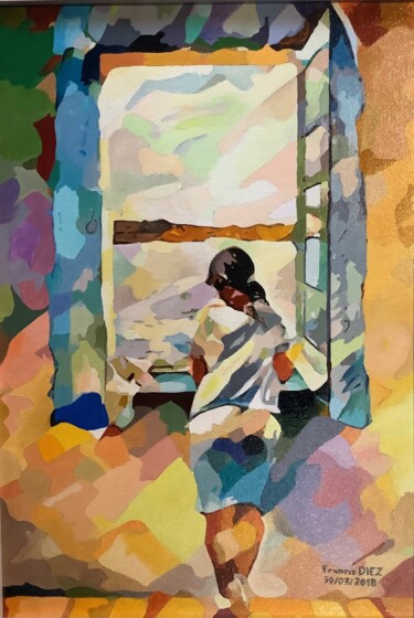 Peinture intitulée ""J.f. à la fenêtre"…" par Francis Diez, Œuvre d'art originale, Huile Monté sur Carton