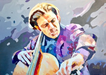 Painting titled ""Le violoncelliste"" by Francis Diez, Original Artwork, Oil Mounted on Wood Stretcher frame