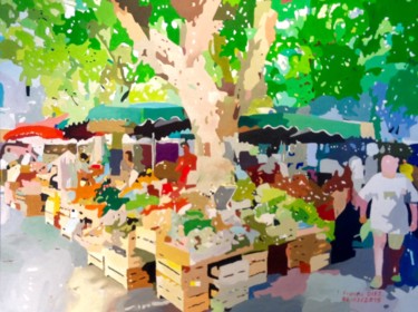 Peinture intitulée ""Le marché d'Uzés"" par Francis Diez, Œuvre d'art originale, Huile