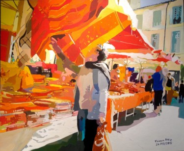 Peinture intitulée ""Jour de marché à U…" par Francis Diez, Œuvre d'art originale, Huile