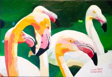 Painting titled ""Les flamants roses…" by Francis Diez, Original Artwork, Oil