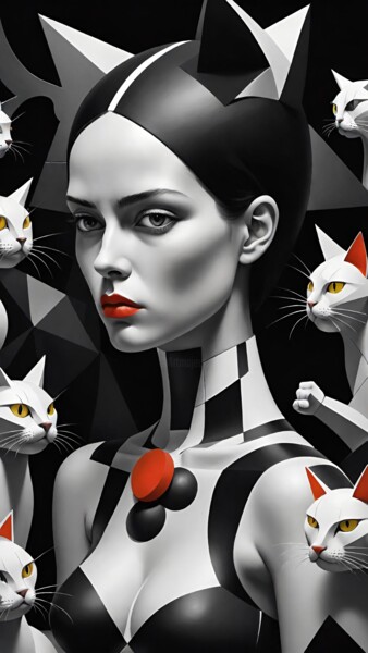 Arts numériques intitulée "Donna con gatti #01" par Digitalai, Œuvre d'art originale, Image générée par l'IA
