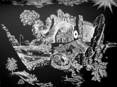 Zeichnungen mit dem Titel "Landschaftskopf" von August Di Lena, Original-Kunstwerk, Monotypie Auf Karton montiert