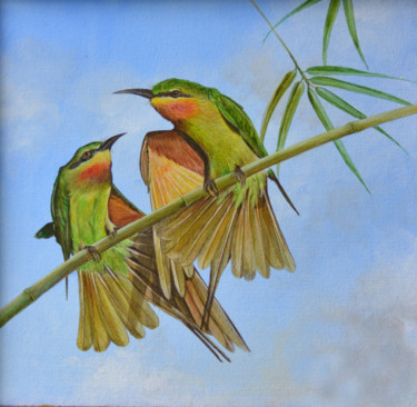Painting titled "A Bee Eater’s Tale" by Dilrukshi Chandrika, Original Artwork, Acrylic Mounted on Wood Stretcher frame
