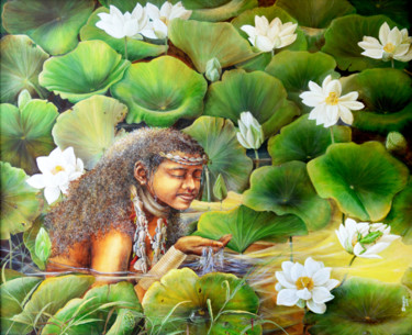 Painting titled "Maiden Among Flowers" by Dilrukshi Chandrika, Original Artwork, Acrylic Mounted on Wood Stretcher frame