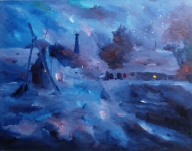 Картина под названием "Starlight Night" - Dilshod Khudayorov, Подлинное произведение искусства, Масло Установлен на Деревянн…