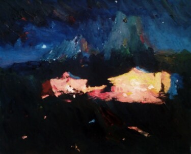 Painting titled "Full moon in the wi…" by Dilshod Khudayorov, Original Artwork, Oil Mounted on Cardboard