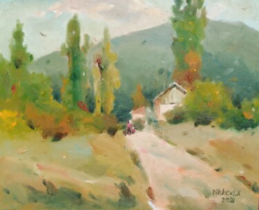 Painting titled "House by the road" by Dilshod Khudayorov, Original Artwork, Oil Mounted on Wood Stretcher frame