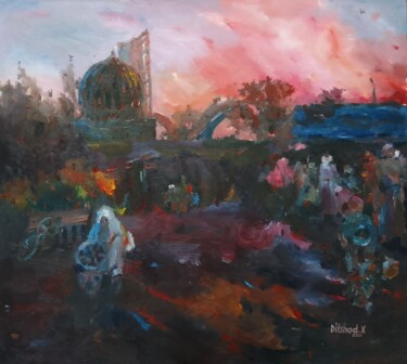 Painting titled "Night city" by Dilshod Khudayorov, Original Artwork, Oil Mounted on Wood Stretcher frame