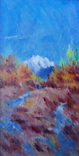 Painting titled "Source of the river" by Dilshod Khudayorov, Original Artwork, Oil Mounted on Cardboard